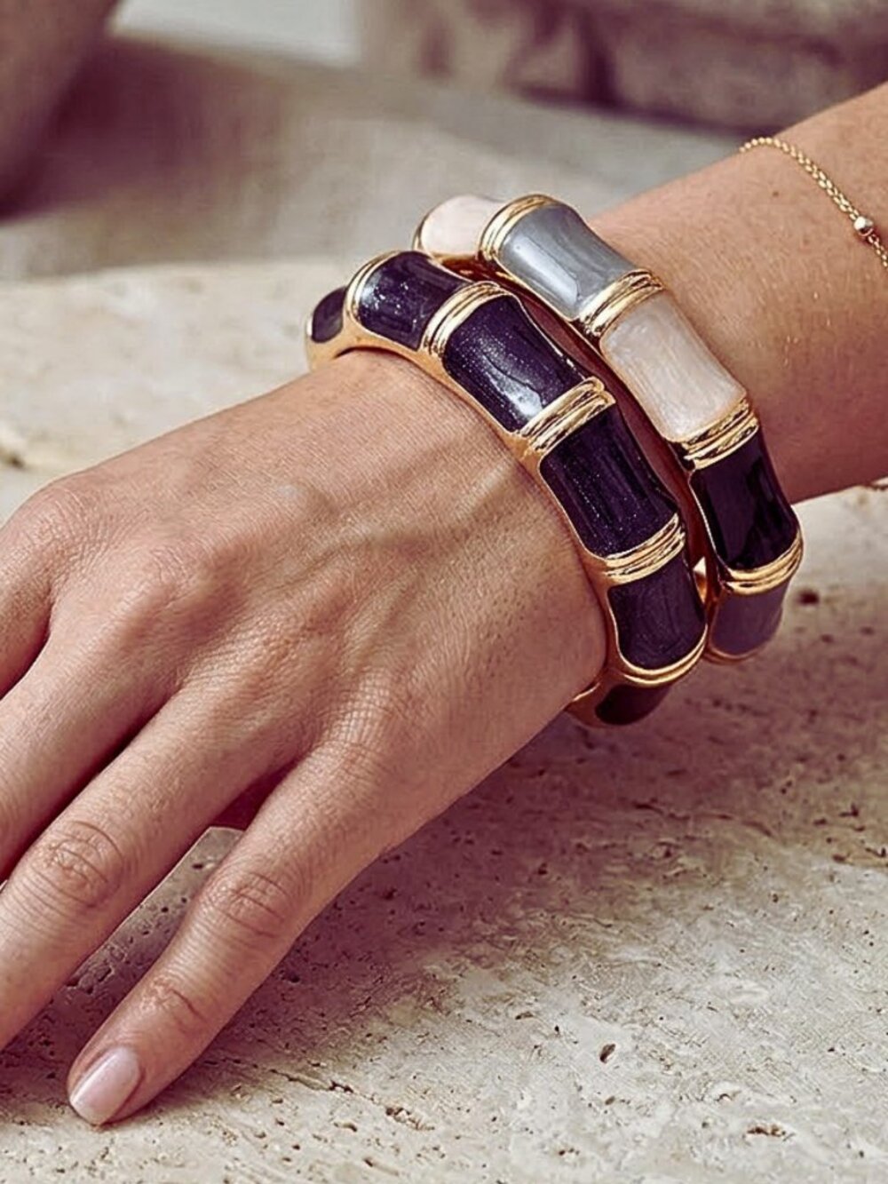 Set of 2 Glitter Enamel Inlay Bamboo Shaped Gold Plated Black Bangle Bracelets